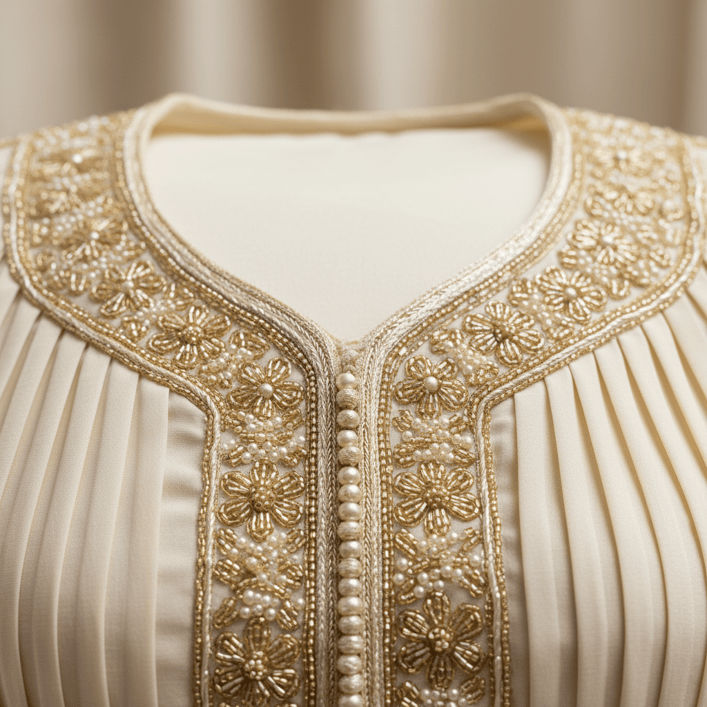 Intricate beadwork on caftan neckline