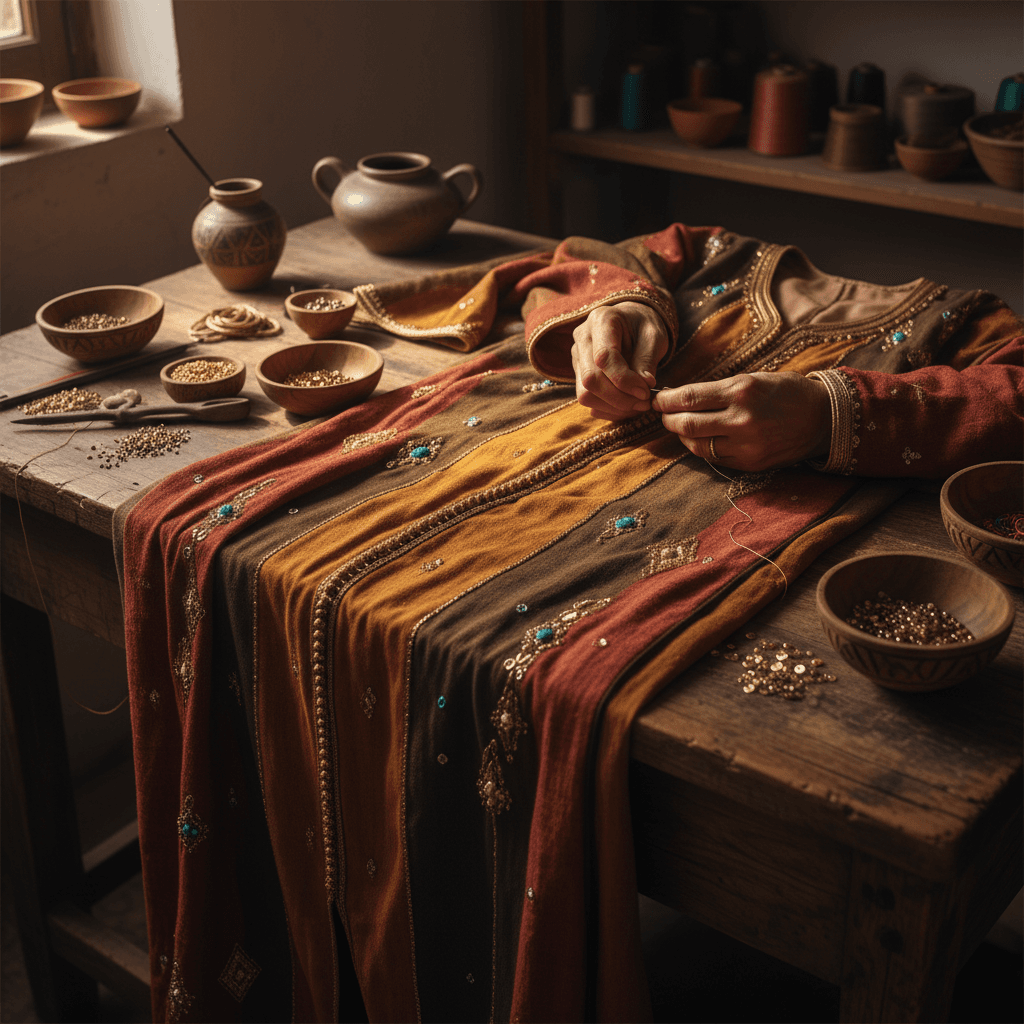 Craftsperson hand-stitching Moroccan caftan
