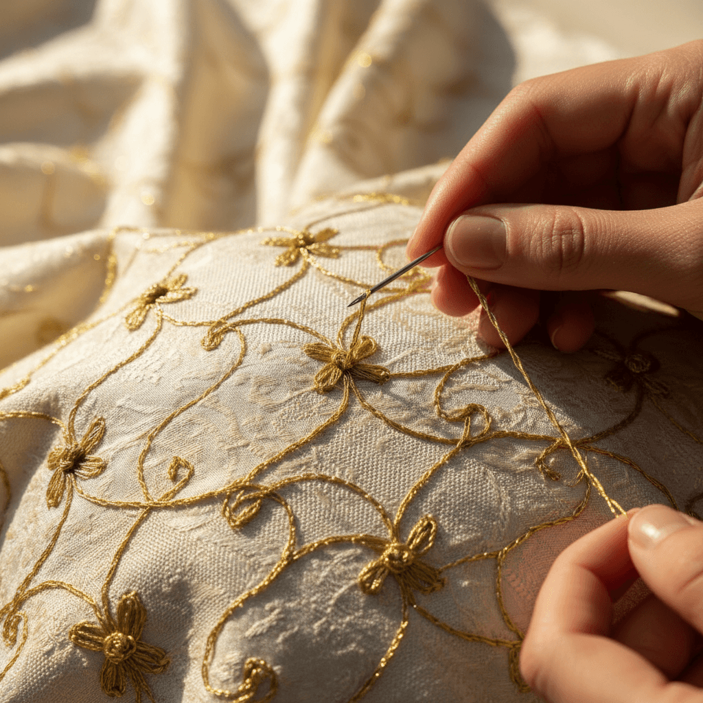 Hand-stitching embroidery on a custom caftan