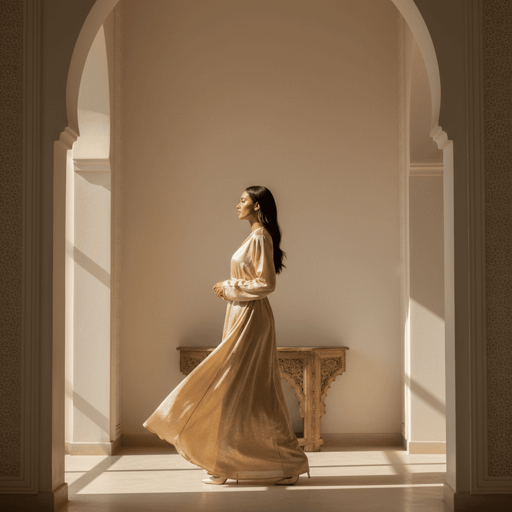 Woman wearing champagne-gold luxury caftan