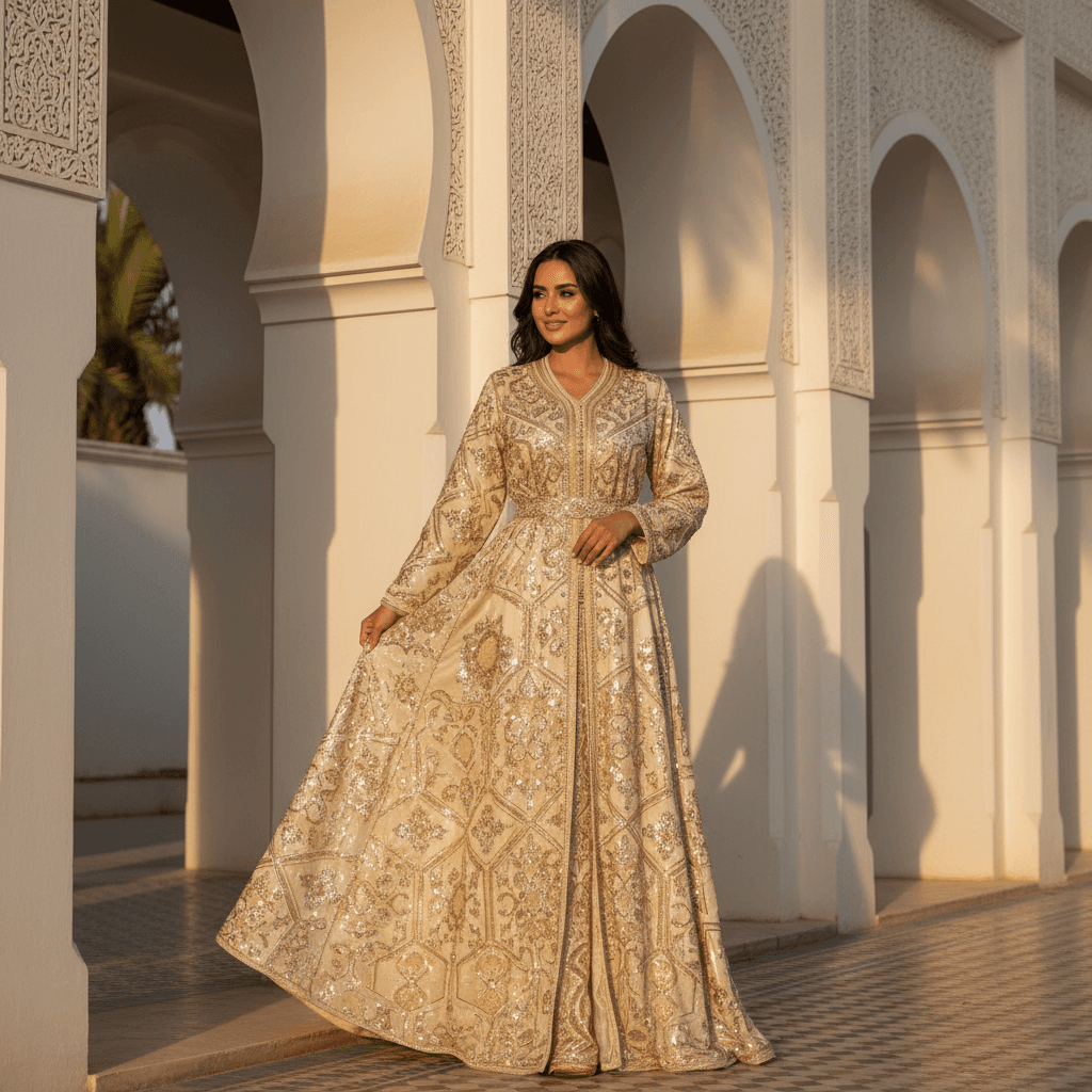 Création haute couture dans un cadre marocain traditionnel