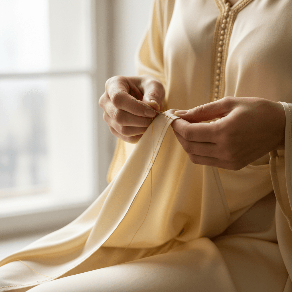 Hand-finished hem detail on caftan