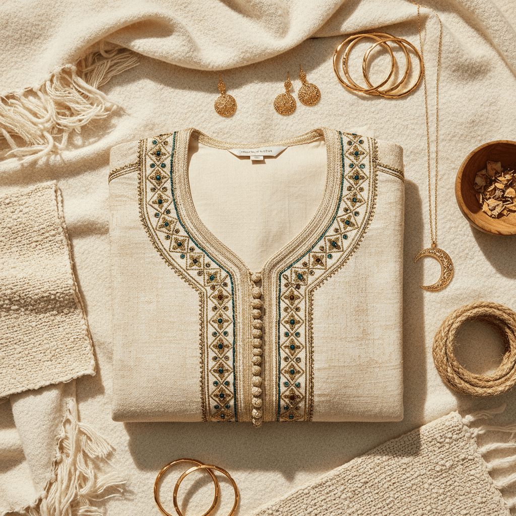 Styled flat-lay of Moroccan caftan and accessories