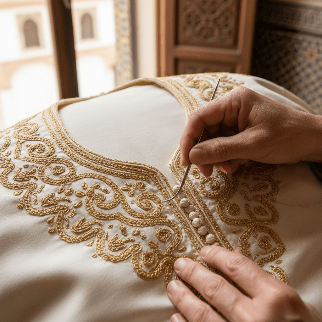 Hand embroidery detail on caftan