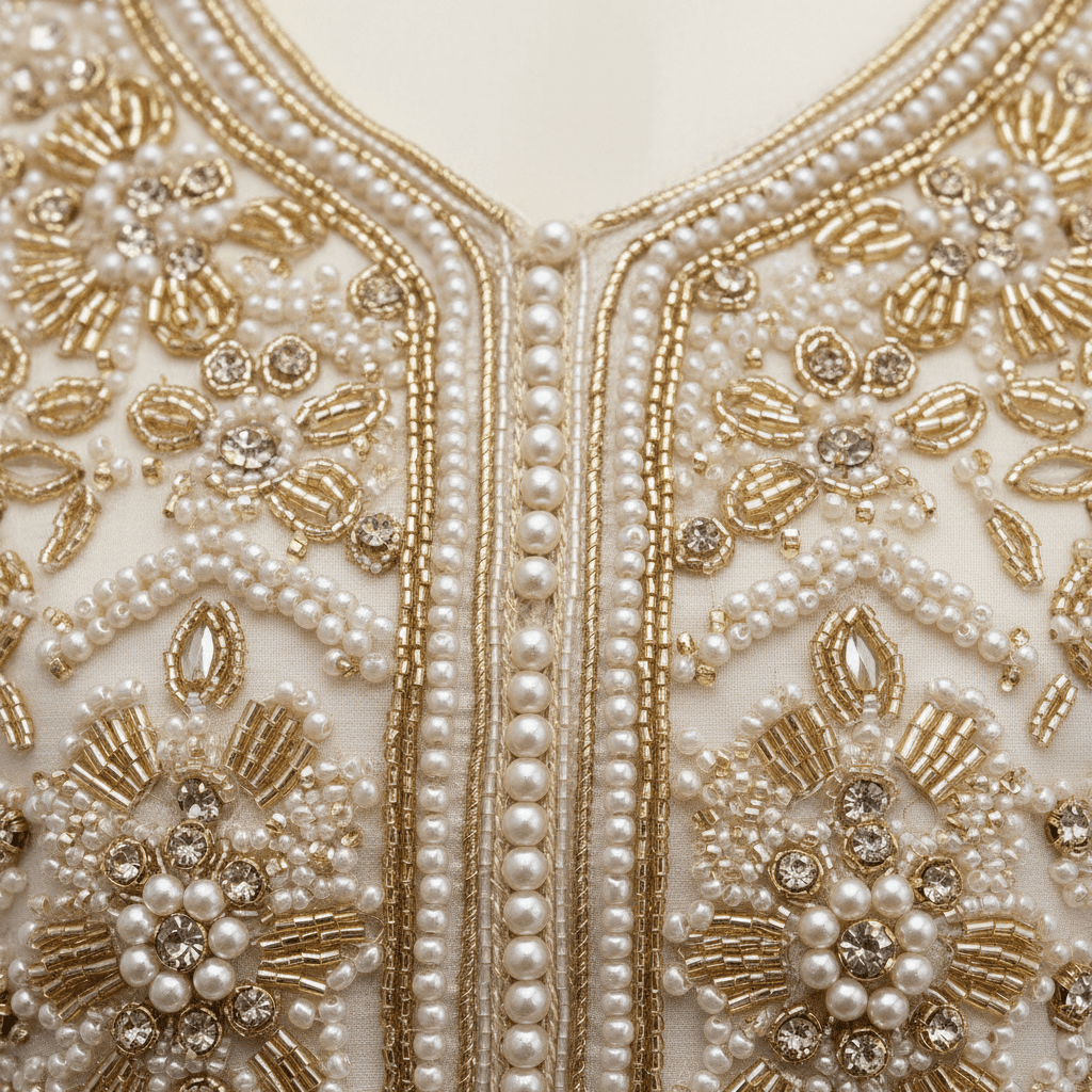 Ornate beading and embroidery details