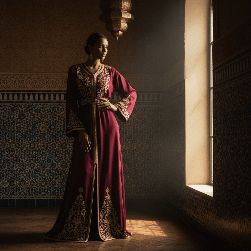 Woman in burgundy and gold Moroccan caftan