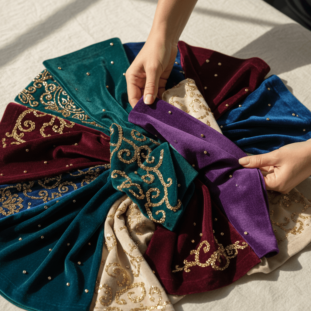 Designer holding premium fabric swatches for custom caftan consultation